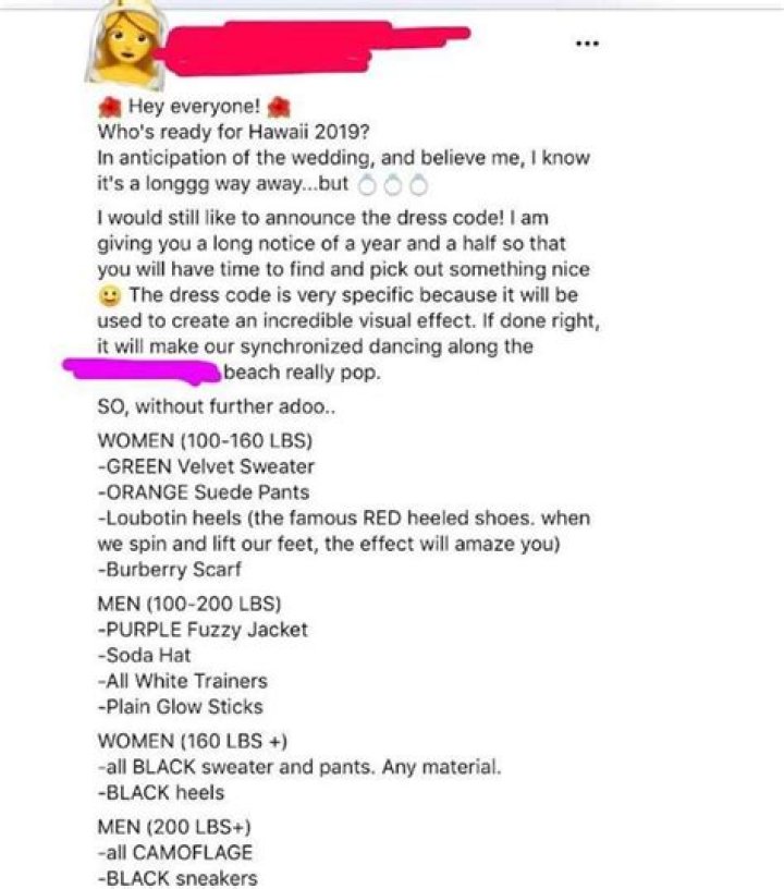 Bride Demands Wedding Guests Wear Attire Based on Their Weight, Goes Viral